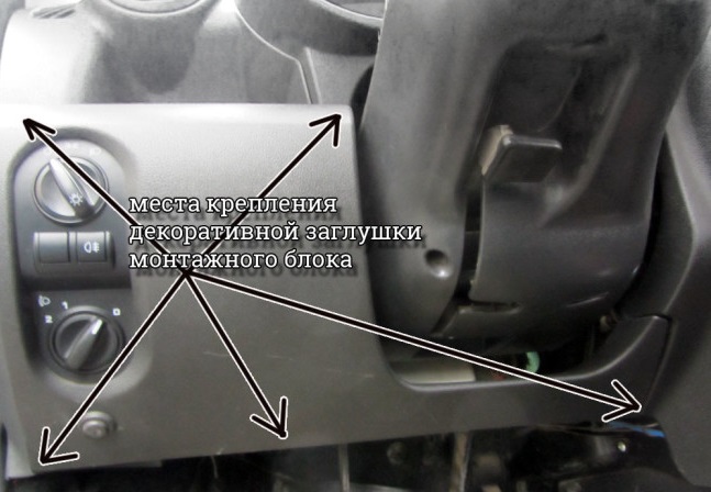Месторасположение фиксаторов декоративной заглушки монтажного блока
